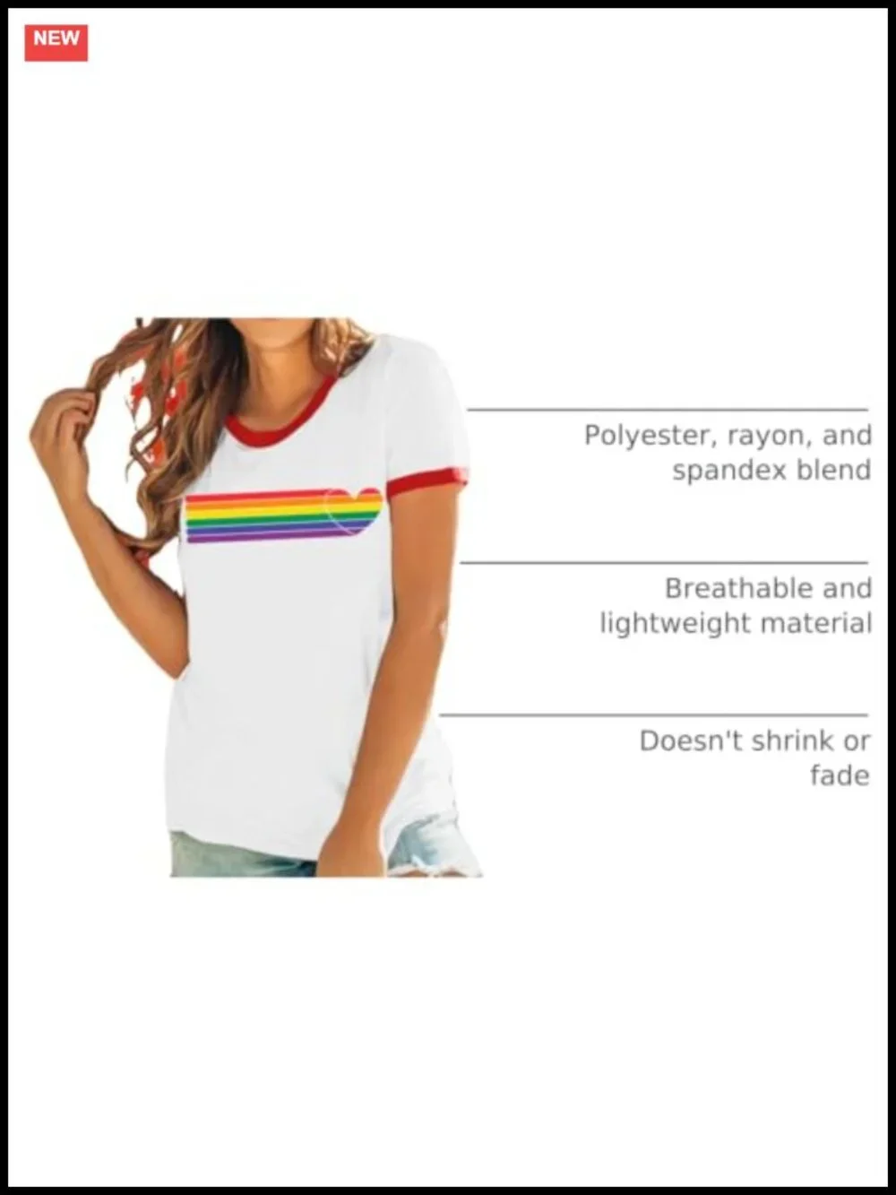 Rainbow Heart Pride Tee Women Short Sleeve Crewneck Ringer T-Shirt Polyester